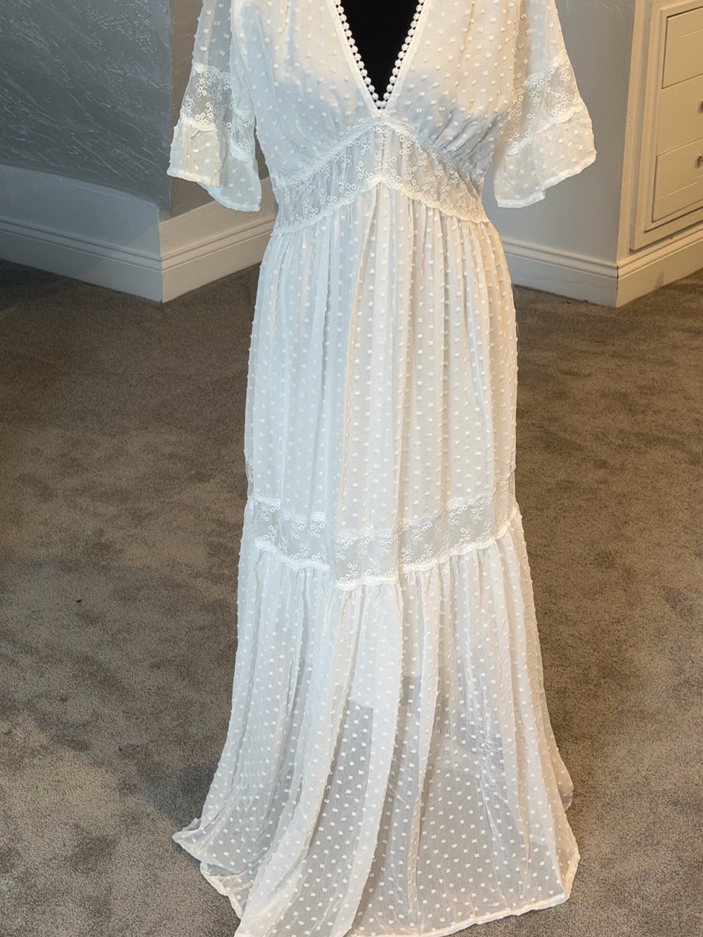 White Swiss Dot V-Neck Maxi Dress